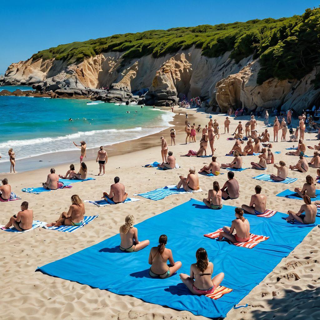 A vibrant scene showcasing a sun-soaked nudist beach filled with joyful people enjoying various activities like beach volleyball, sunbathing, and playful gatherings around colorful beach towels. Include a clear blue sky and azure ocean waves, with families and friends laughing together in a natural setting that celebrates body positivity and freedom. Capture the essence of community and togetherness in this nudist paradise. super-realistic. vibrant colors.